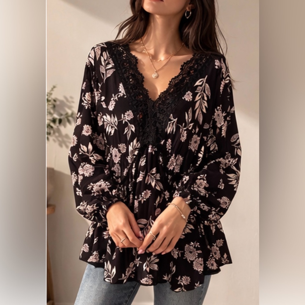 Floral Black and White Peasant Style Top